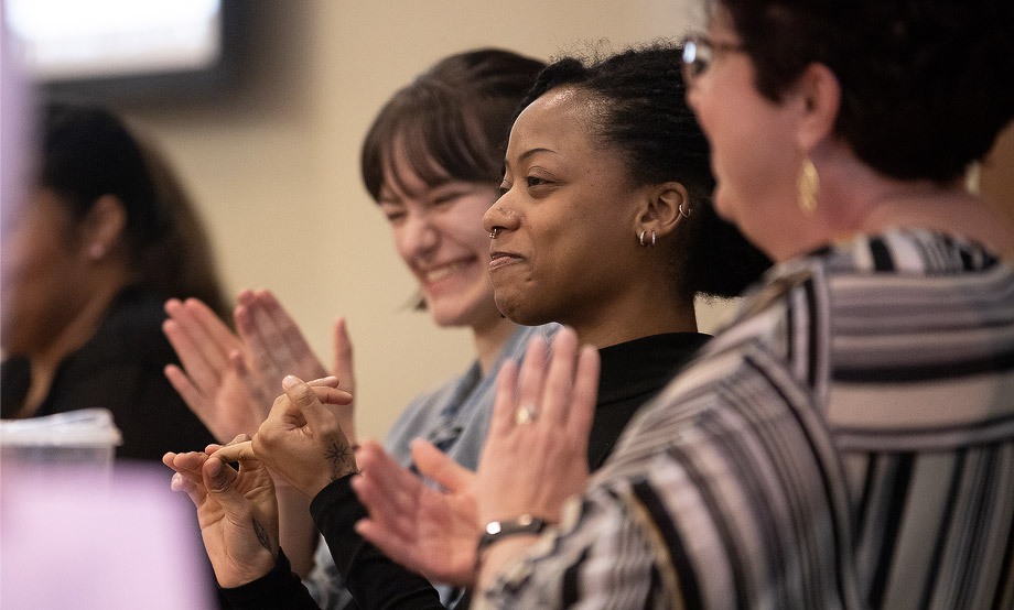 Clarion student Grace Hansmann, PennWest staff member Rhonda Gifford, and Tamiya Thomas of California University